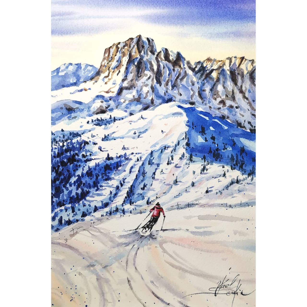 Ski painting Original watercolor painting Alps mountains artwork Skiing artwork Winter landscape — image 1