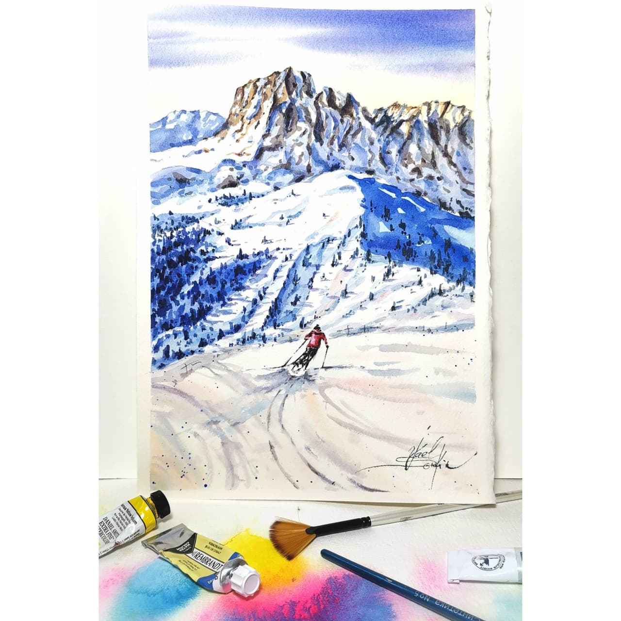 Ski painting Original watercolor painting Alps mountains artwork Skiing artwork Winter landscape — image 2