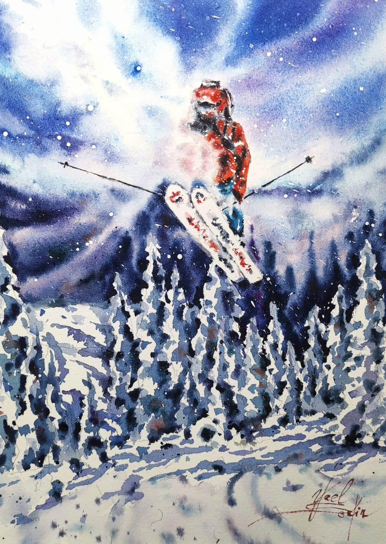 Skiing painting Original watercolor painting — image 1
