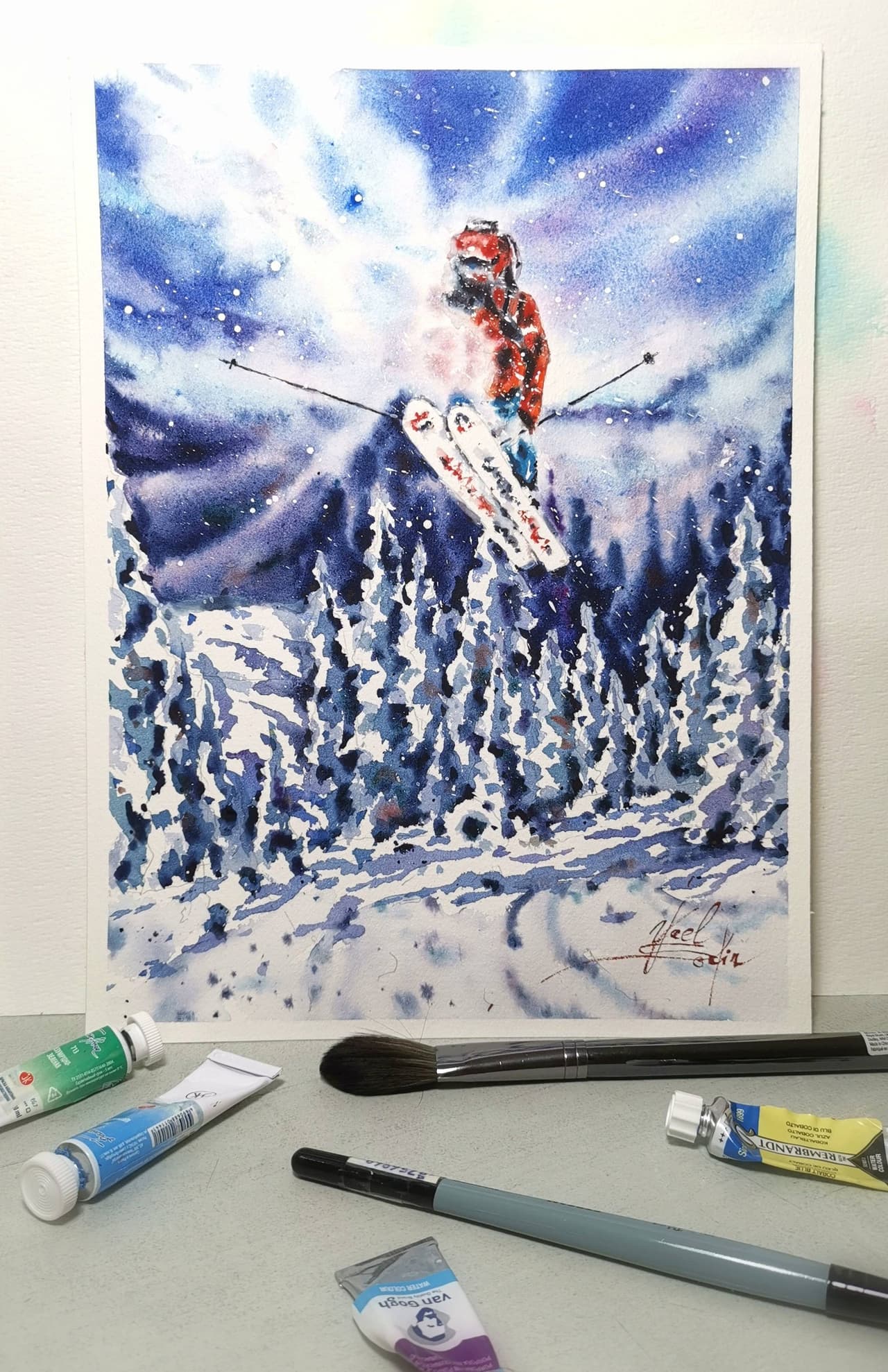 Skiing painting Original watercolor painting — image 2
