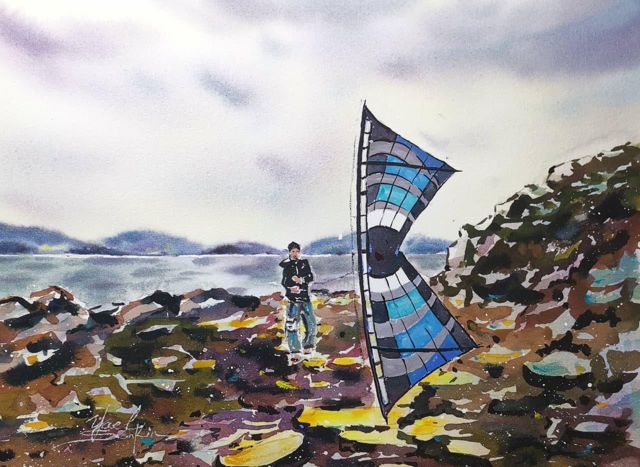Kite Painting Original Watercolor Sky Kite Artwork Flying Kite Art — image 1