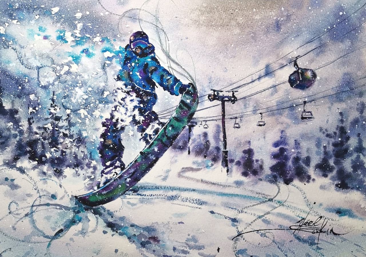Snowboarding painting Original watercolor artwork Winter landscape  — image 2