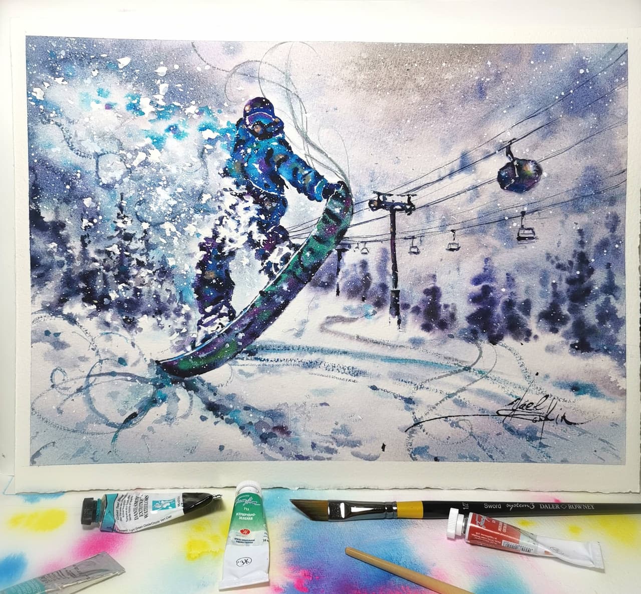 Snowboarding painting Original watercolor artwork Winter landscape  — image 1