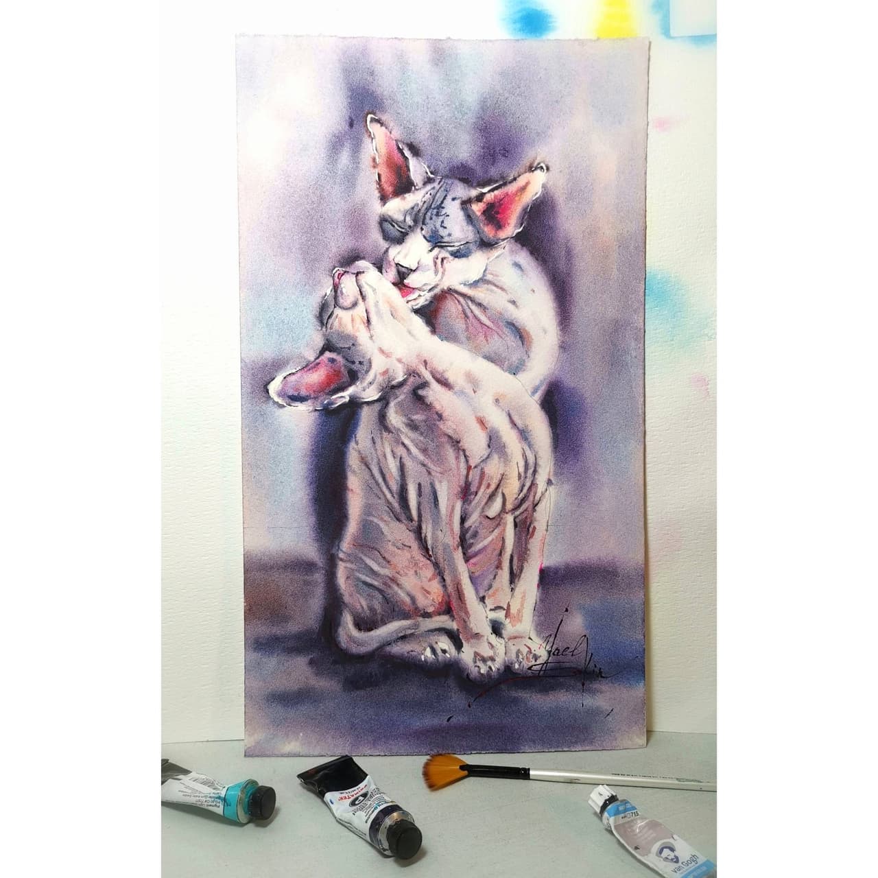 original watercolor painting of two Sphynx cats grooming each other, tender feline love artwork by Yael Natali in soft purple and gray tones