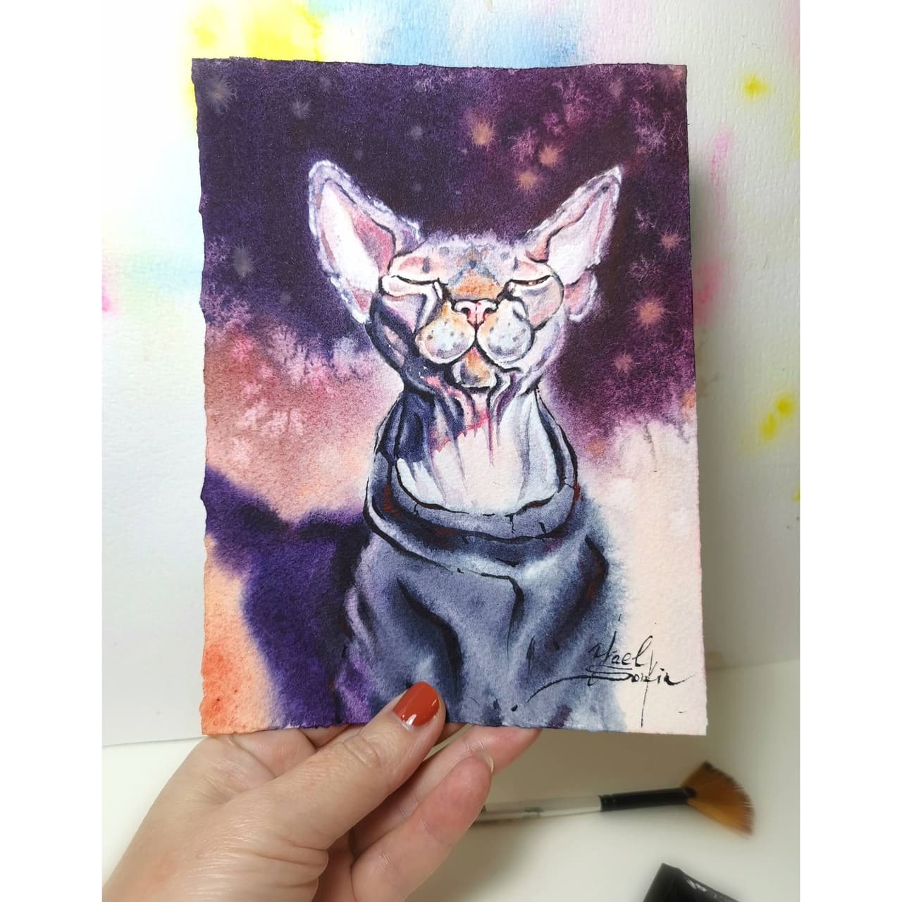 ORIGINAL watercolor painting SPHYNX CAT painting — image 1