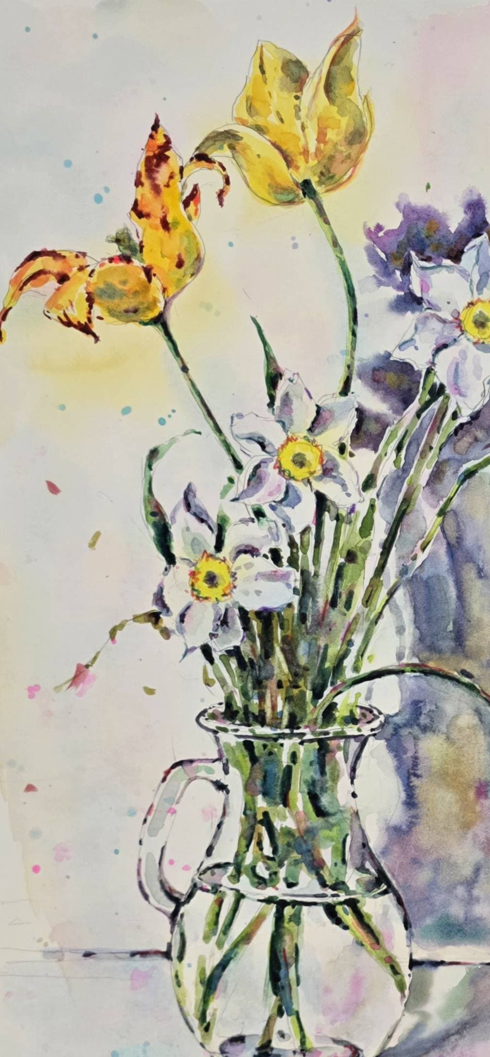 Original Watercolor Narcissus and Tulips in Glass Vase - Floral Wall Art — image 2