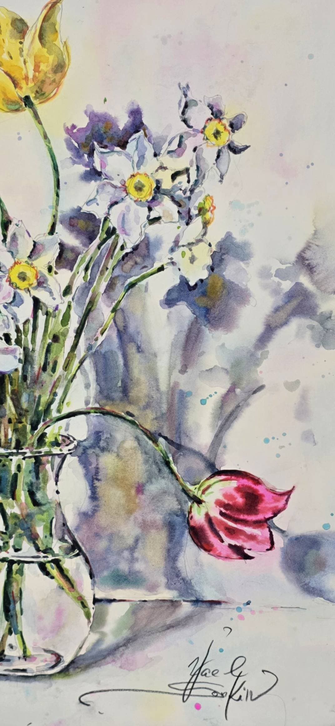 Original Watercolor Narcissus and Tulips in Glass Vase - Floral Wall Art — image 1