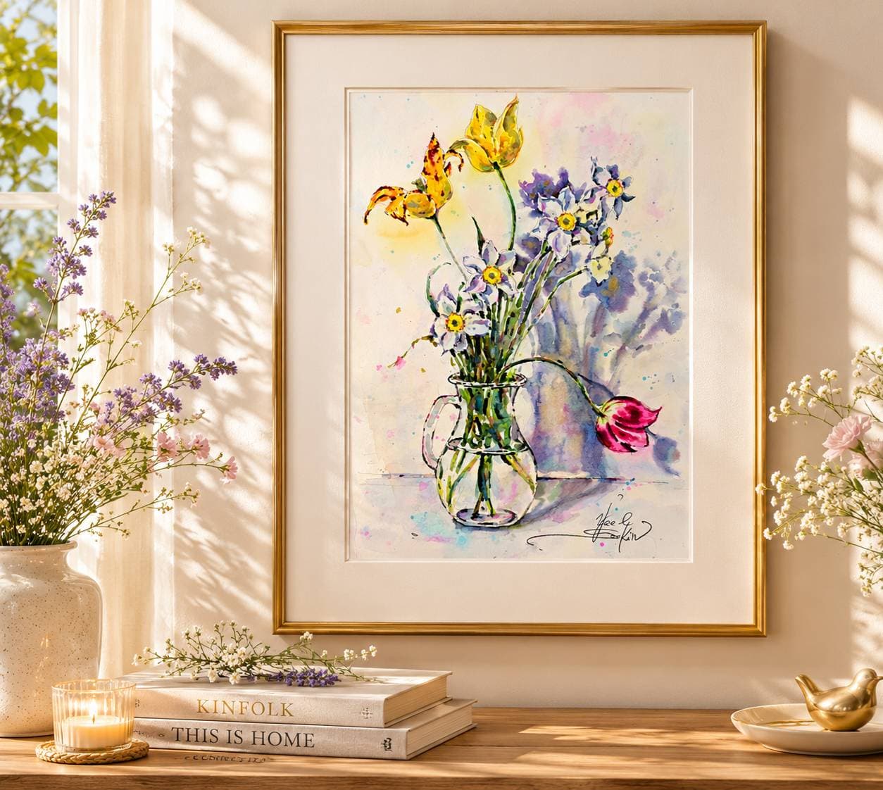 Original Watercolor Narcissus and Tulips in Glass Vase - Floral Wall Art — image 3