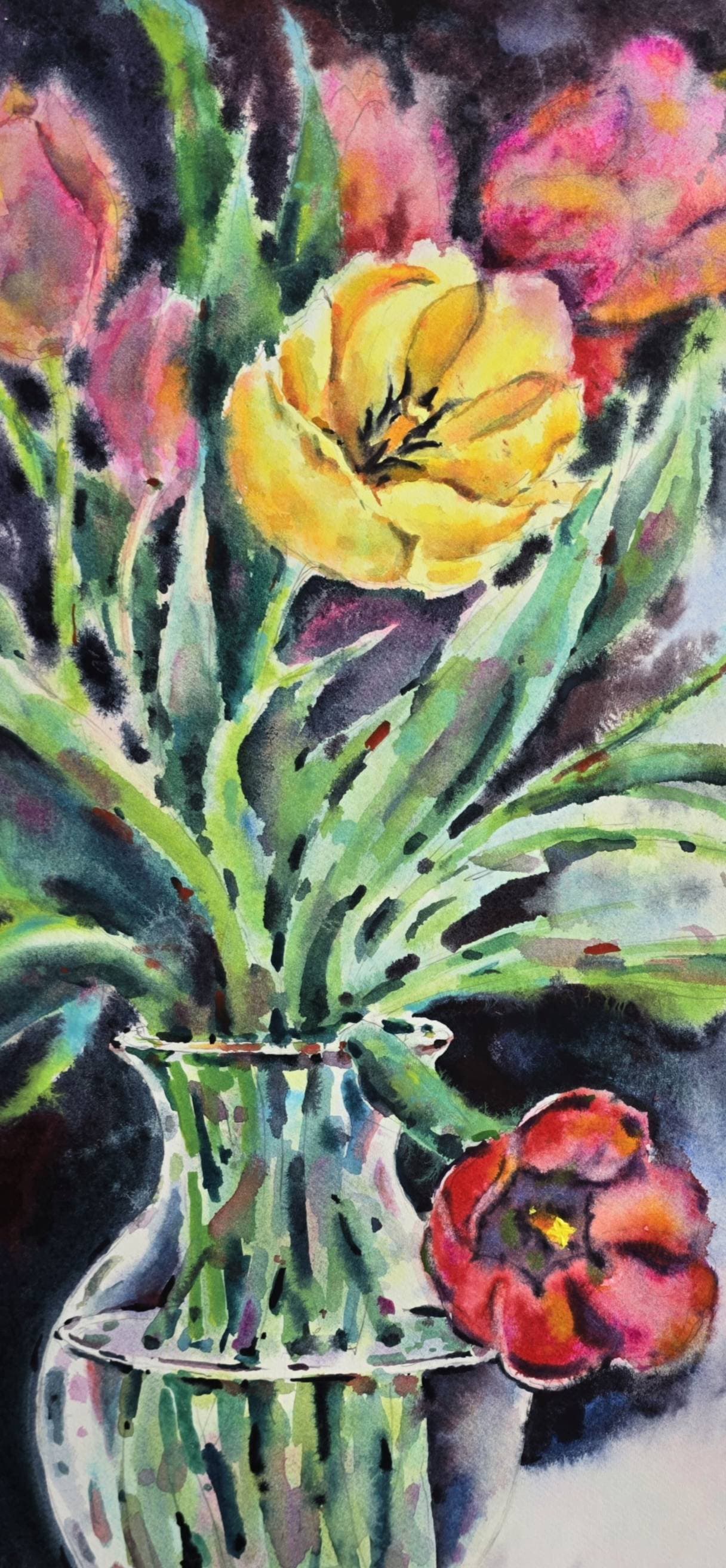 Original Watercolor Spring Tulips in Glass Vase Painting - Floral Wall Art — image 2