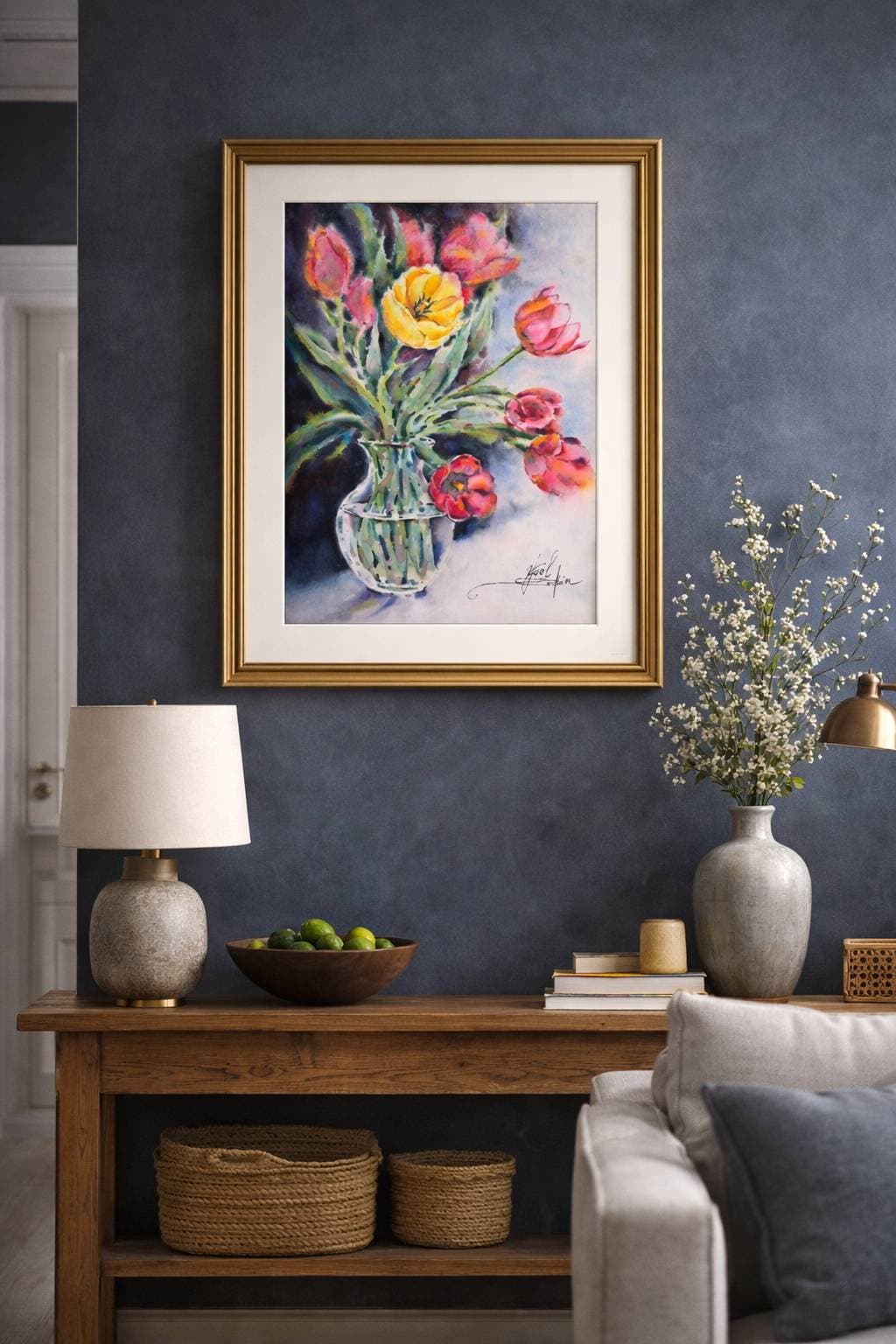 Original Watercolor Spring Tulips in Glass Vase Painting - Floral Wall Art — image 5