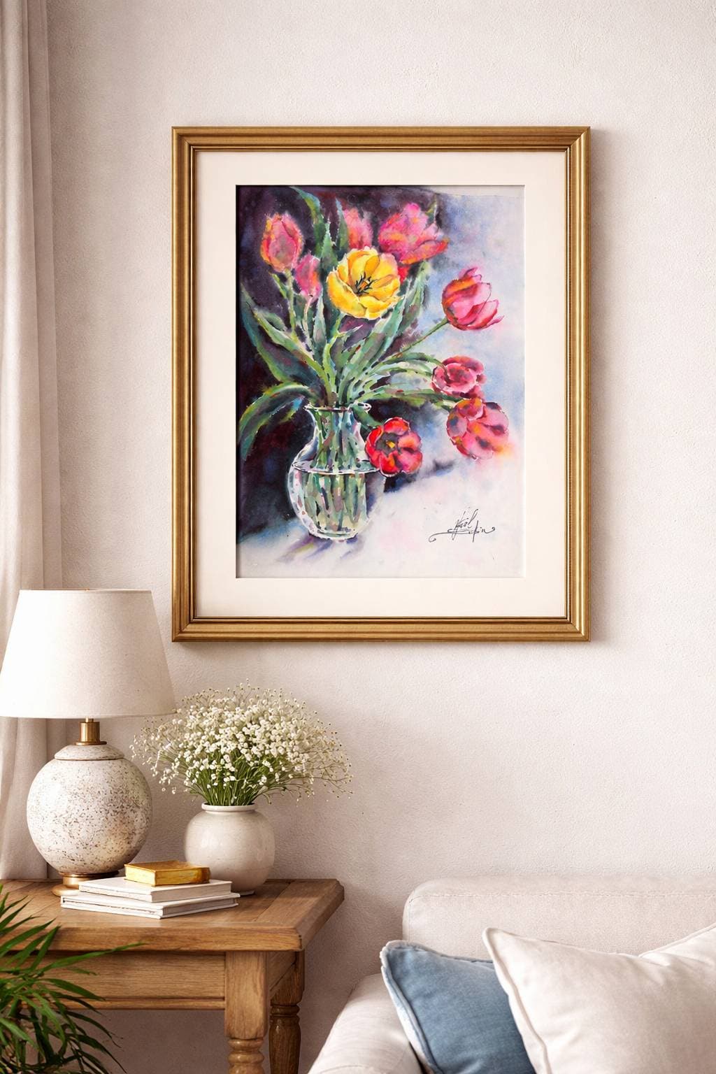 Original Watercolor Spring Tulips in Glass Vase Painting - Floral Wall Art — image 4