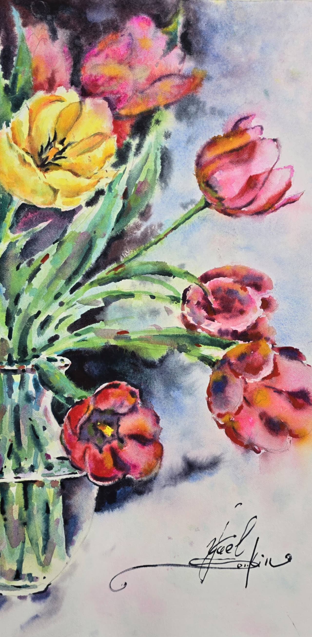 Original Watercolor Spring Tulips in Glass Vase Painting - Floral Wall Art — image 3