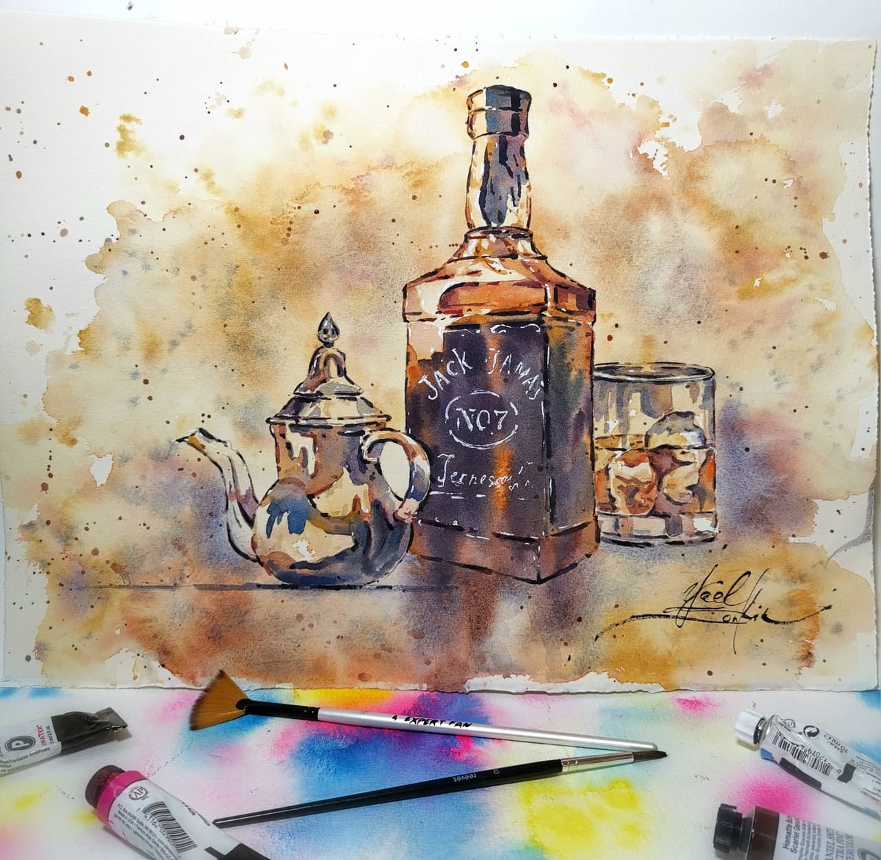 Original Watercolor Jack Daniel's Tennessee Whiskey Painting - Modern Still Life Wall Art — image 1