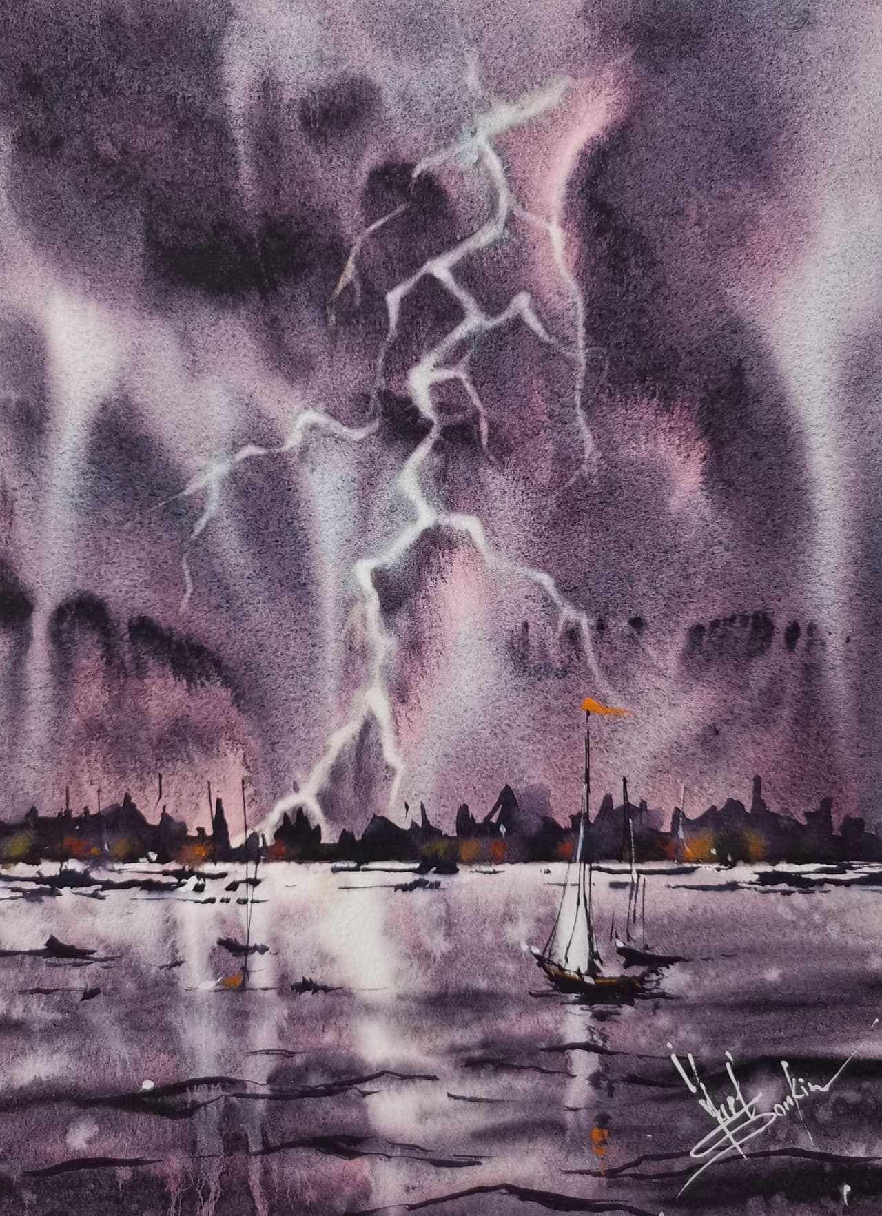 Seascape Artwork Lightning Painting Original Watercolor Storm Sky Art  — image 1