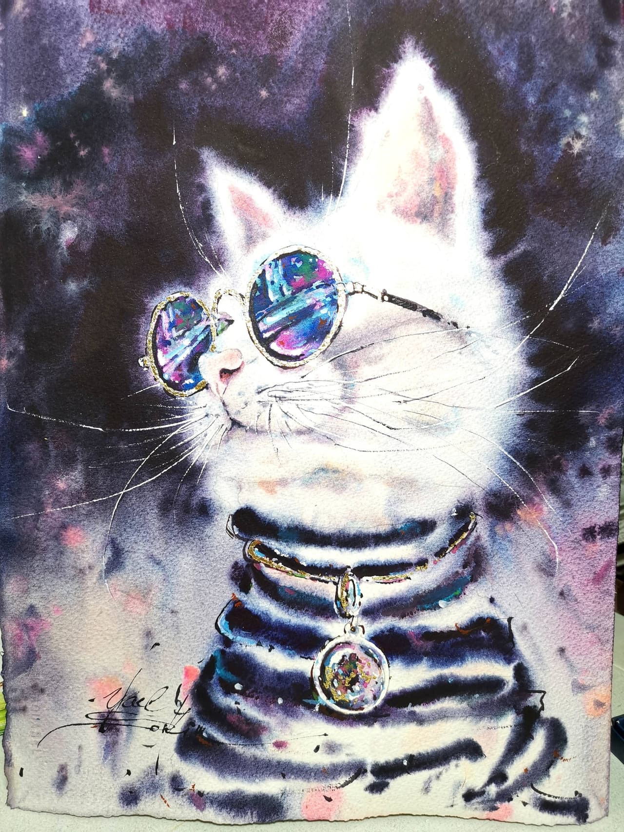 Original Stylish White Cat Painting - Modern Glamour Cool Wall Art — image 3