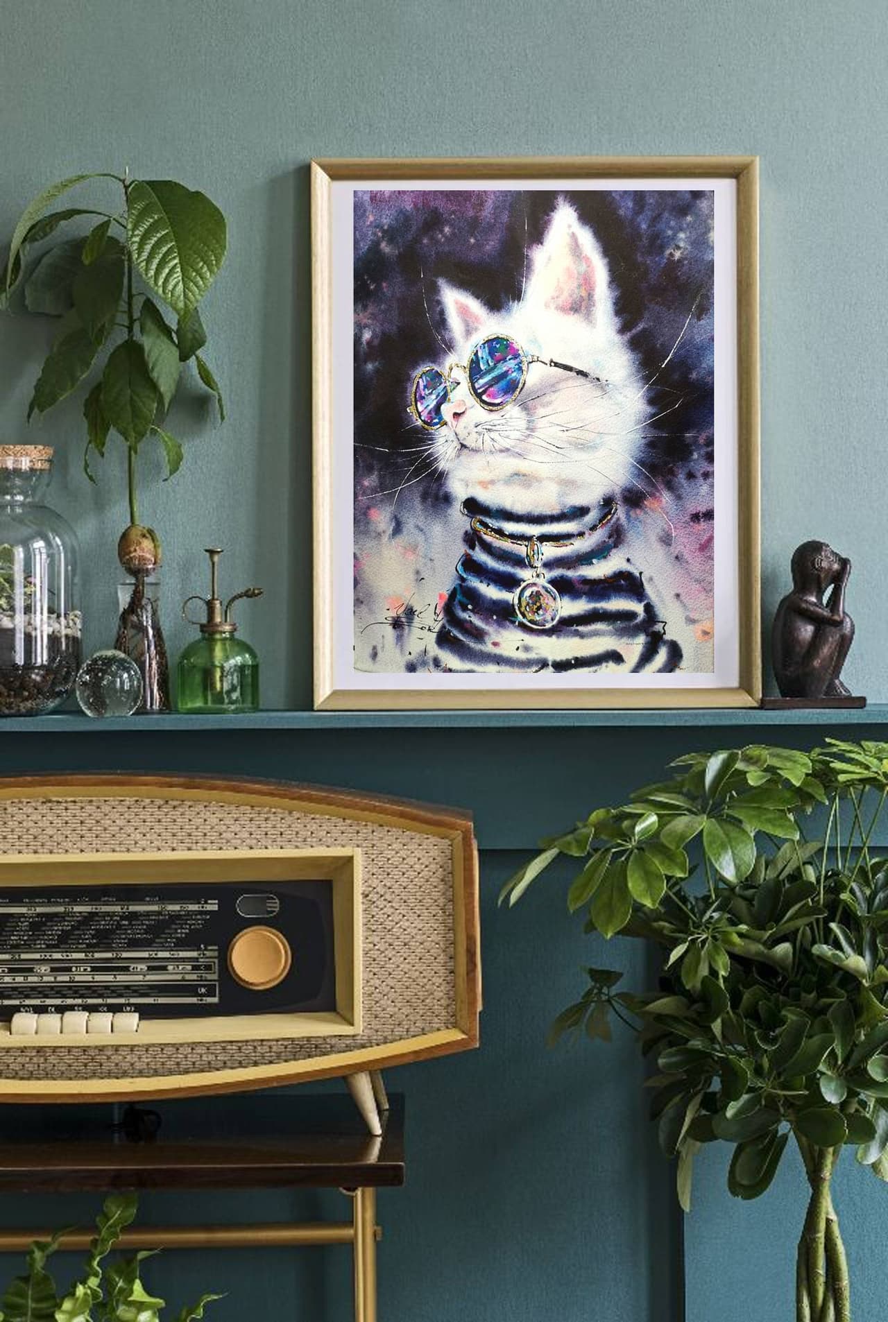 Original Stylish White Cat Painting - Modern Glamour Cool Wall Art — image 1