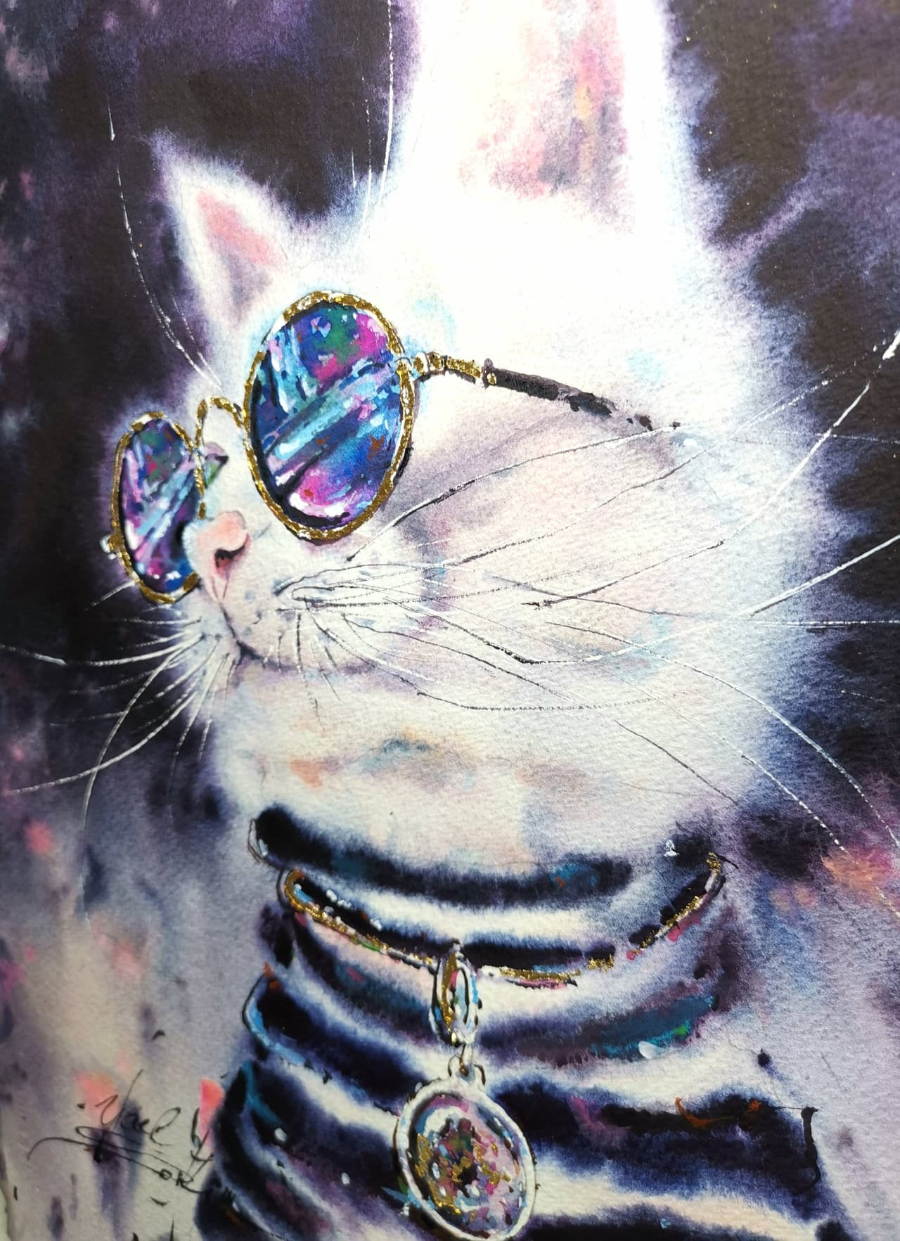 Original Stylish White Cat Painting - Modern Glamour Cool Wall Art — image 2