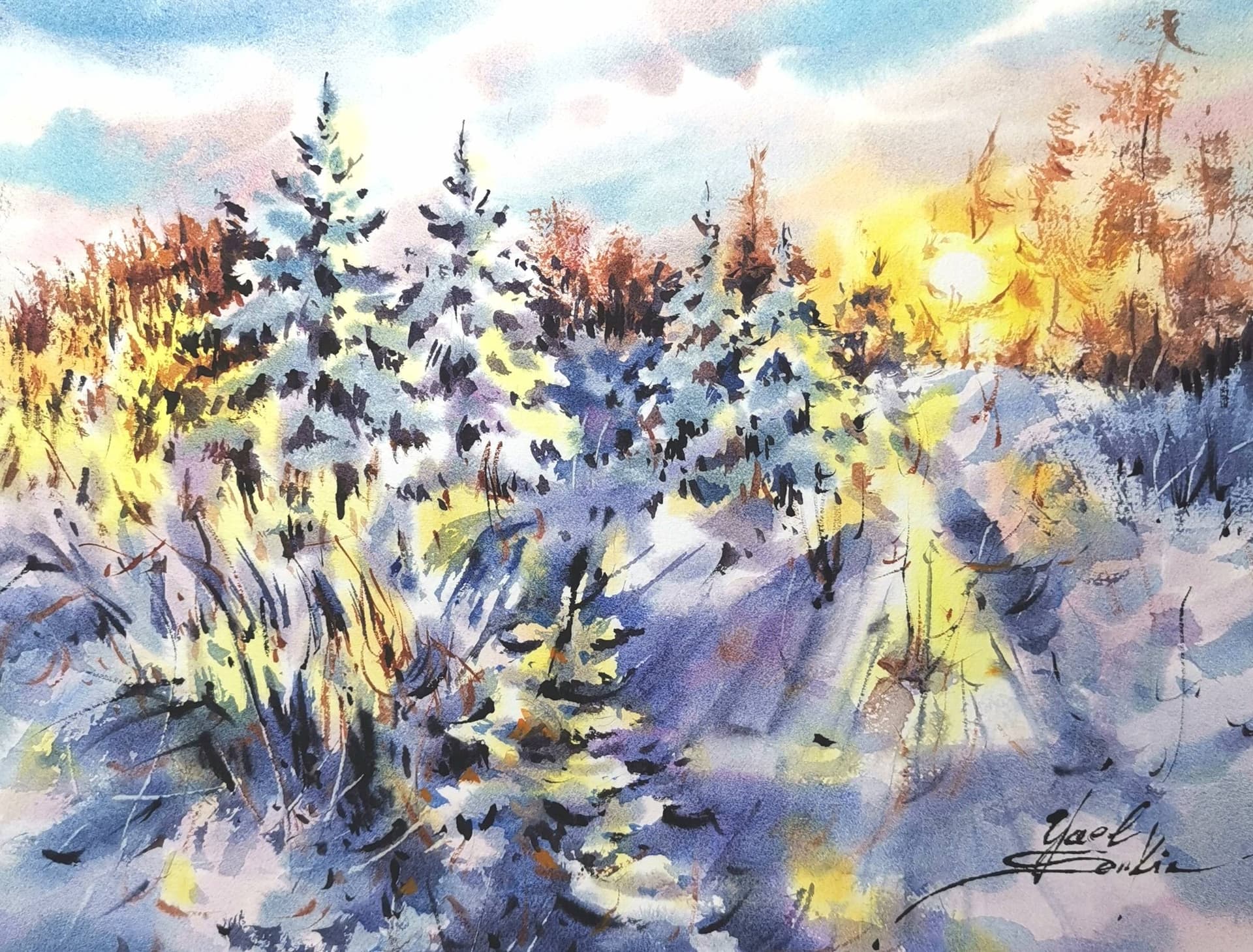 Golden Winter Sunrise watercolor painting by Yael Natali — original 9x12 inch winter landscape with snow-covered trees, golden sunlight, and soft blue shadows. Peaceful morning nature artwork, fine art wall decor for home or office