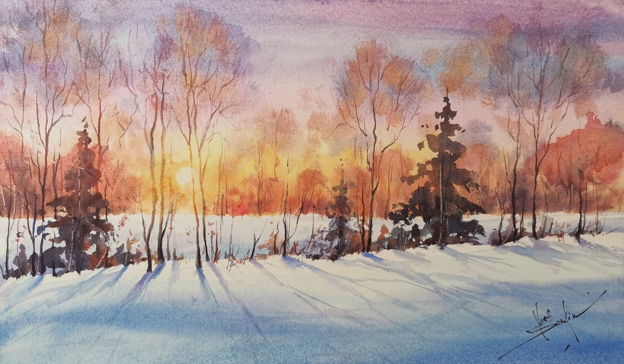  Winter Art Original Watercolor Sunset Painting — image 1