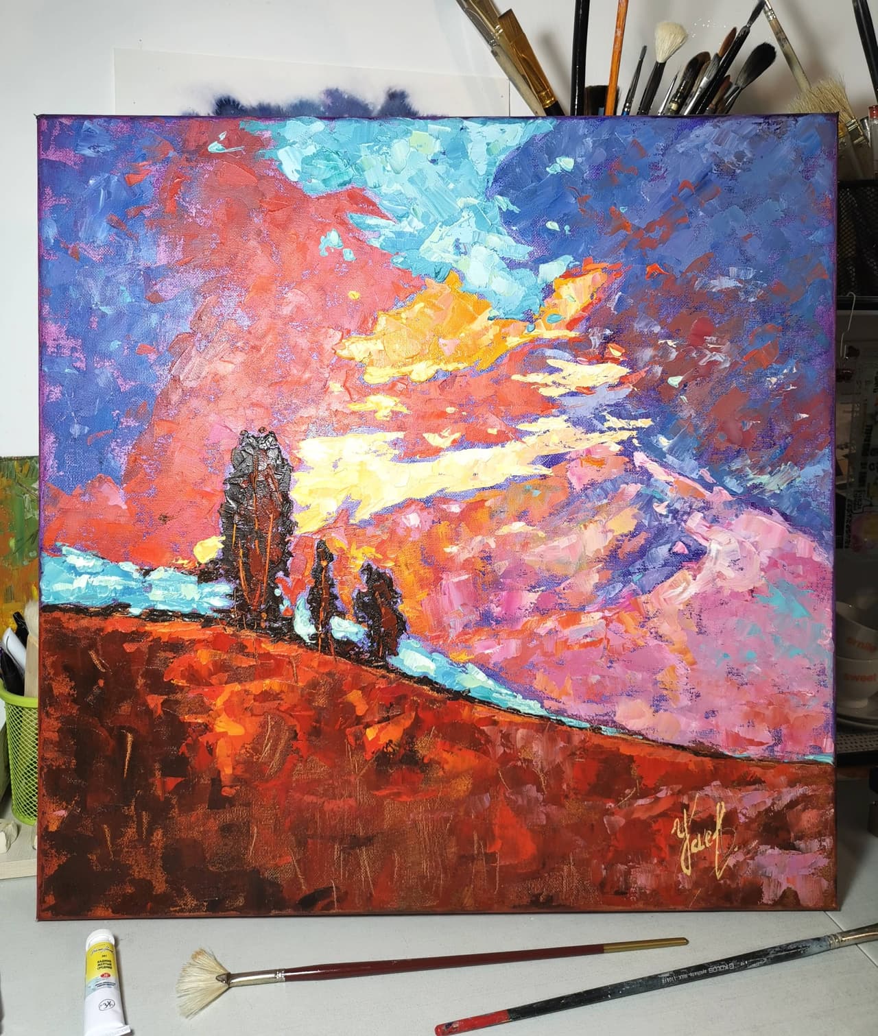 Abstract Sunset Landscape Wall Art - Original Impasto Oil Painting on Canvas — image 1