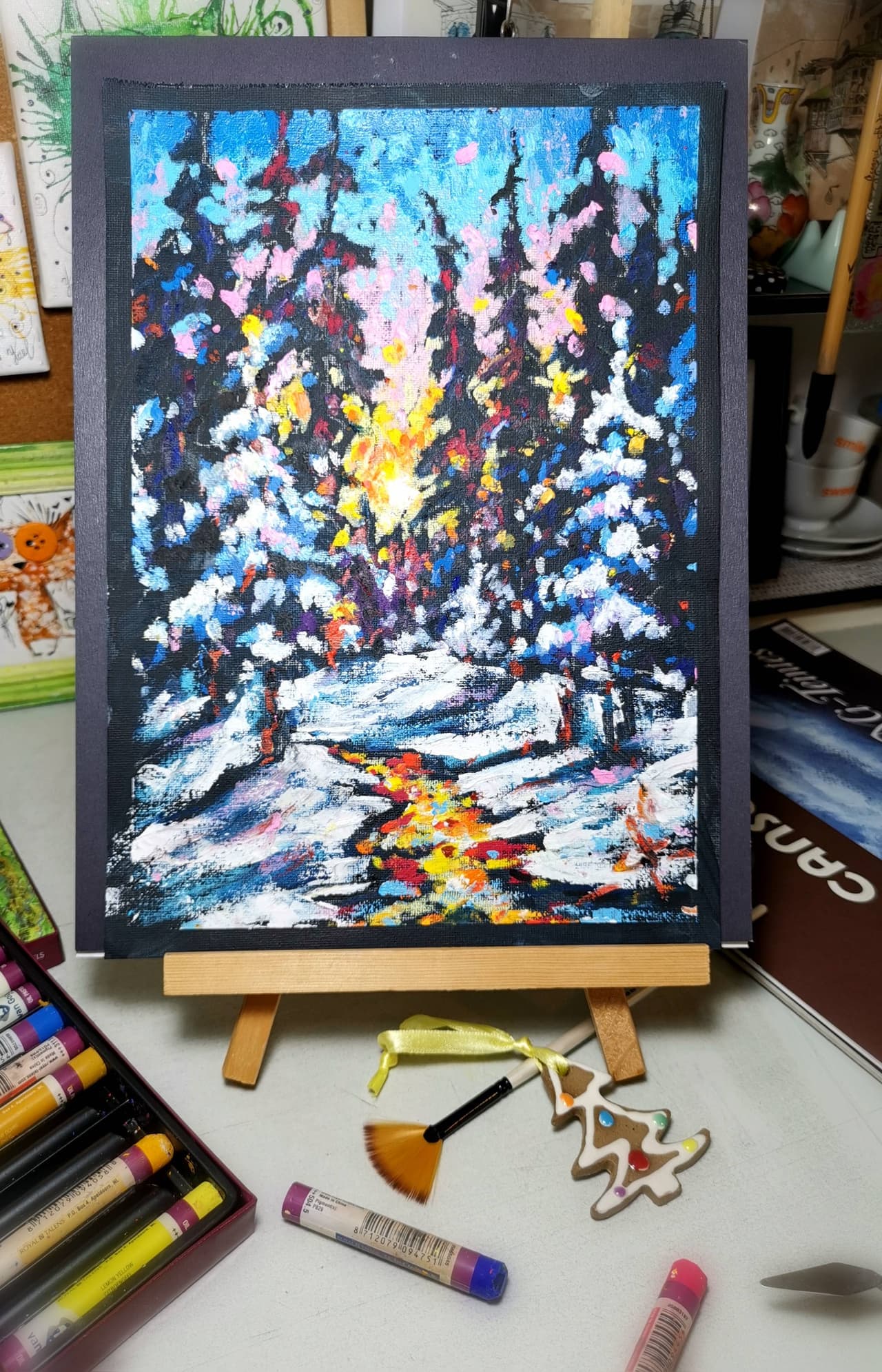 Winter landscape painting Original oil pastel artwork — image 3