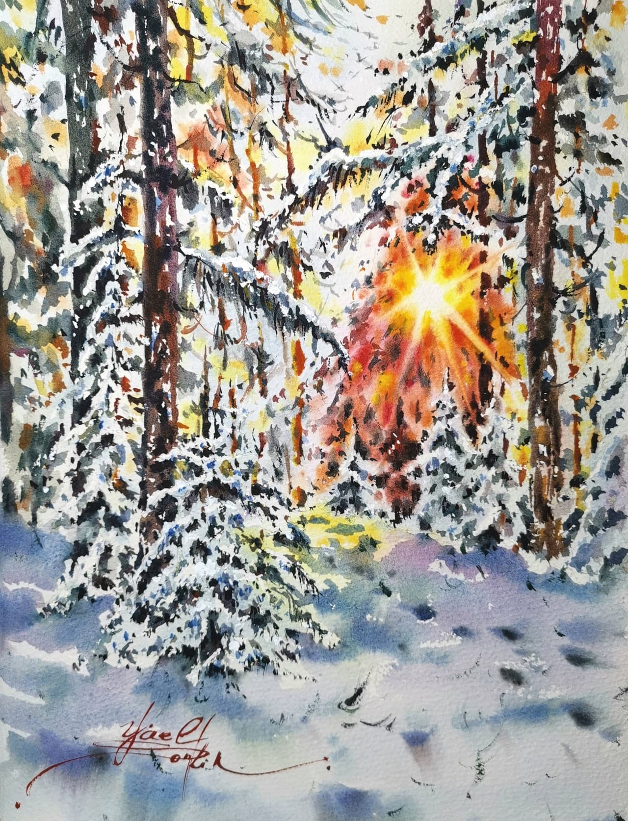 Winter landscape painting Original watercolor artwork — image 2