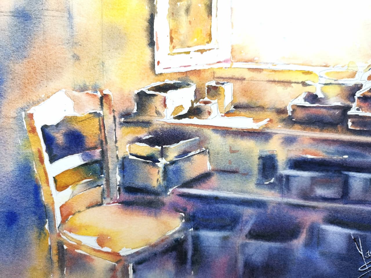 Original Watercolor Sunlit Morning Interior Scene Painting - Sunlight Wall Art — image 2