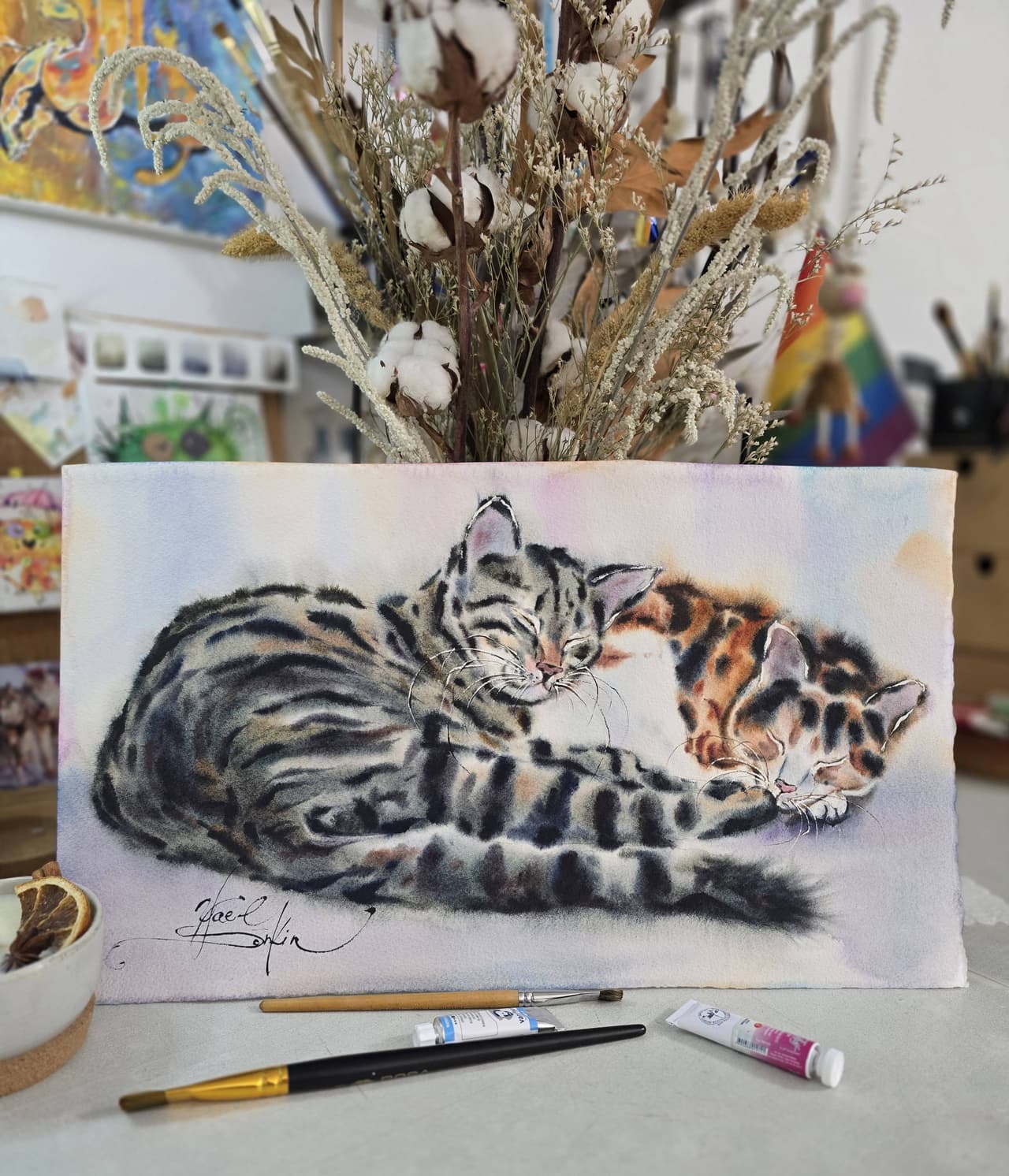 Tabby Cats Watercolor Painting - Sleeping Cats Wall Decor — image 1