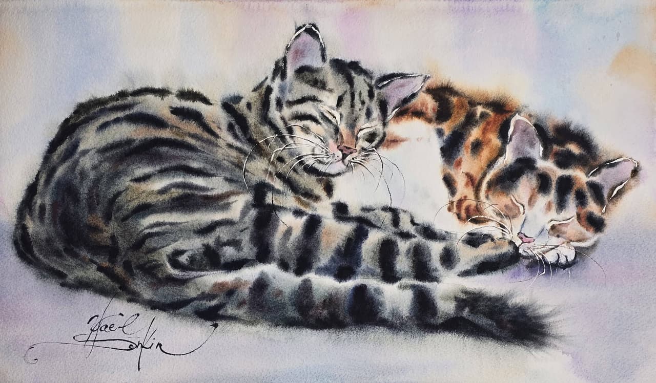 original watercolor painting features two adorable tabby cats peacefully sleeping together by arteist Yael Natali