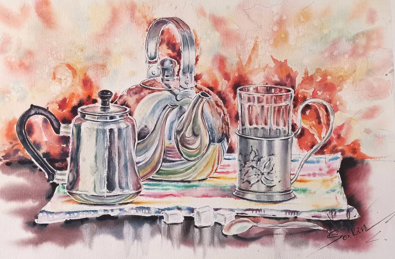 watercolor still life of teapot and ornate glass holder, traditional tea ritual painting, kitchen wall art