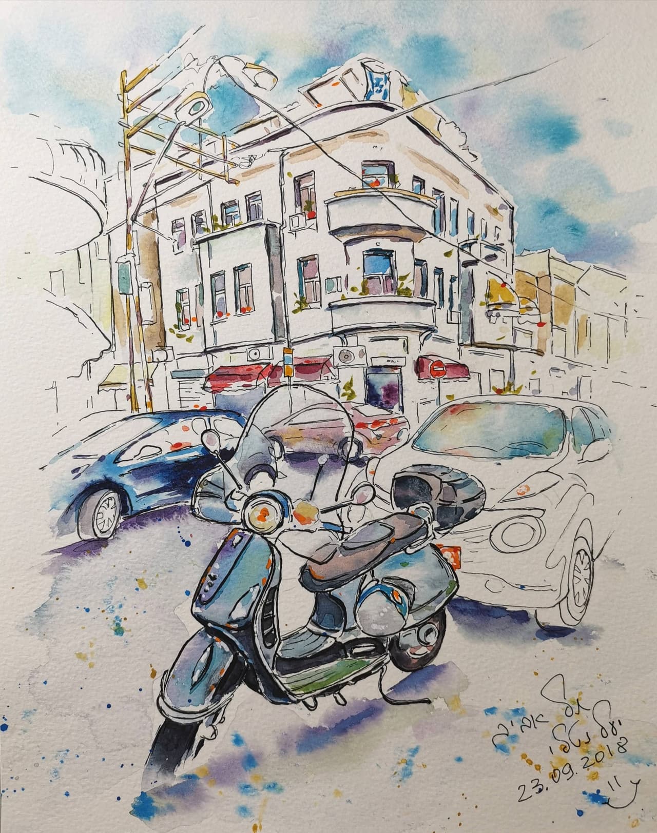 Original watercolor painting Tel Aviv cityscape artwork — image 1