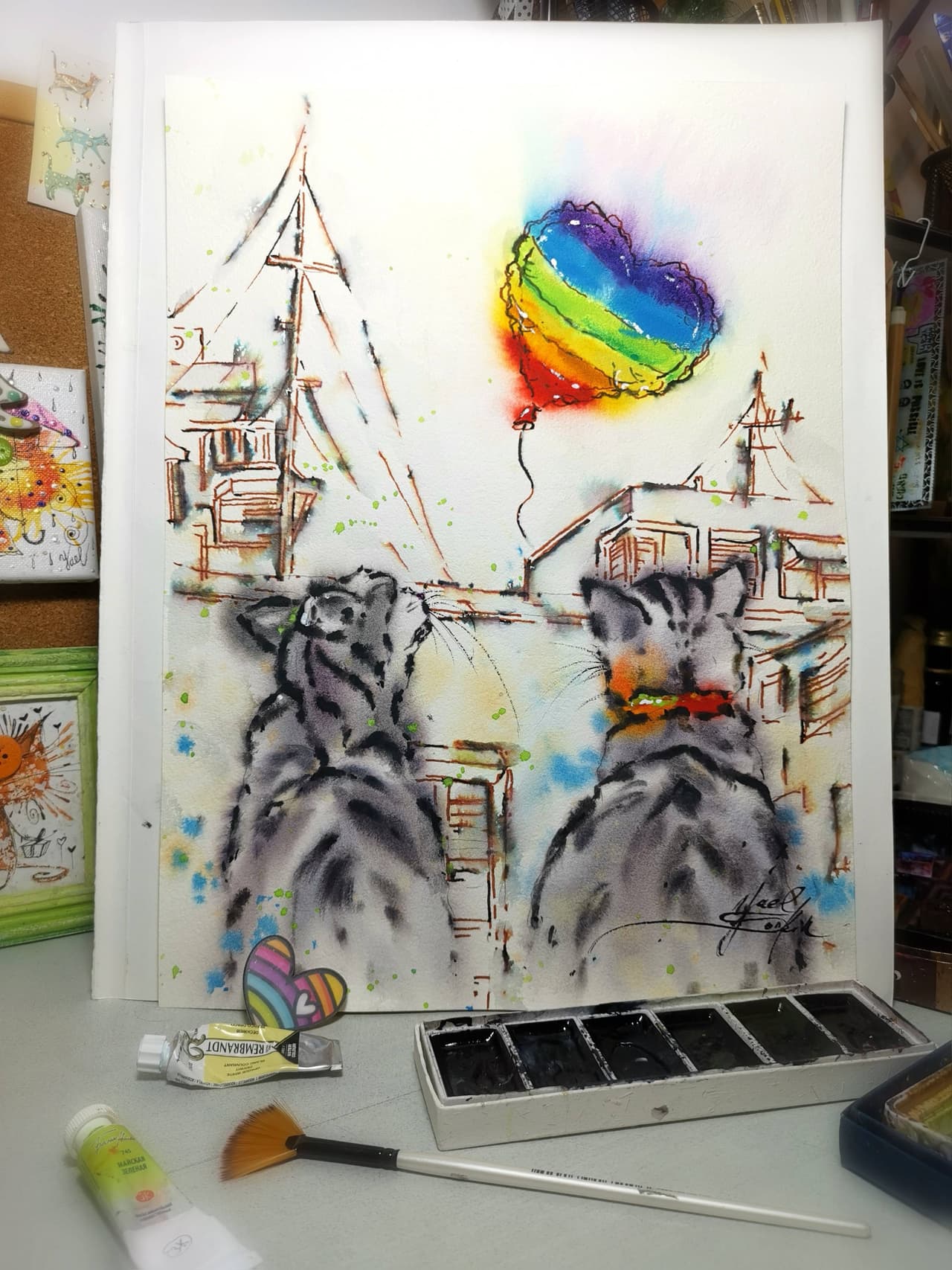Original Watercolor Cats and Rainbow Heart Ballon Painting - Urban Sketch Wall Art — image 2