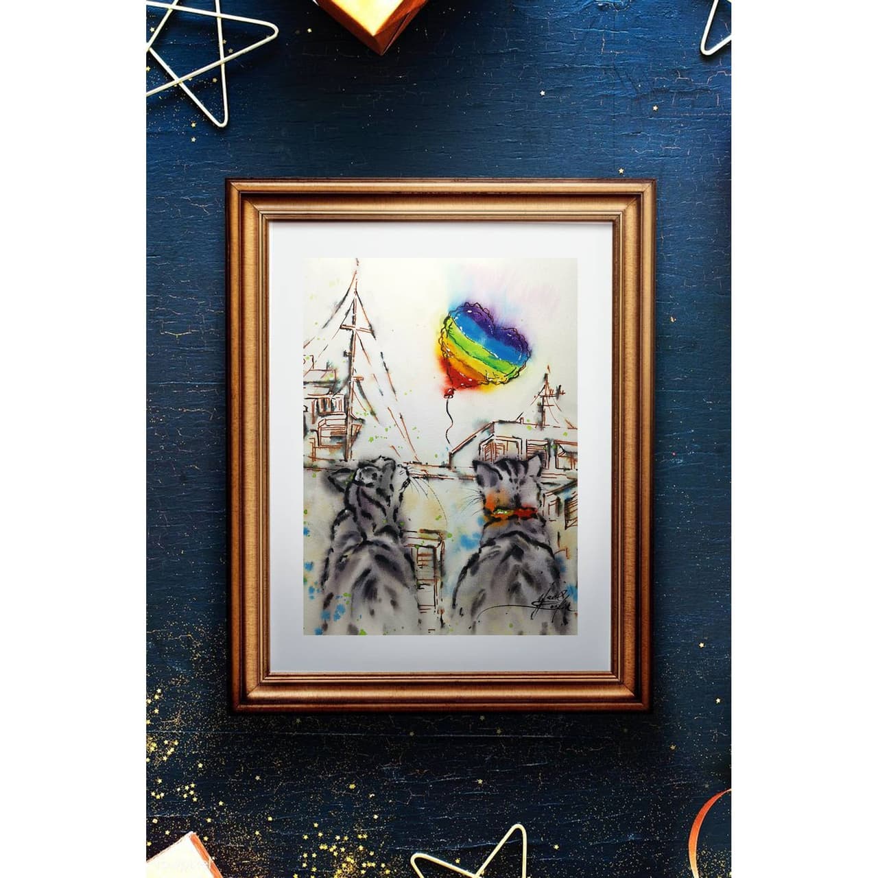 Original Watercolor Cats and Rainbow Heart Ballon Painting - Urban Sketch Wall Art — image 3