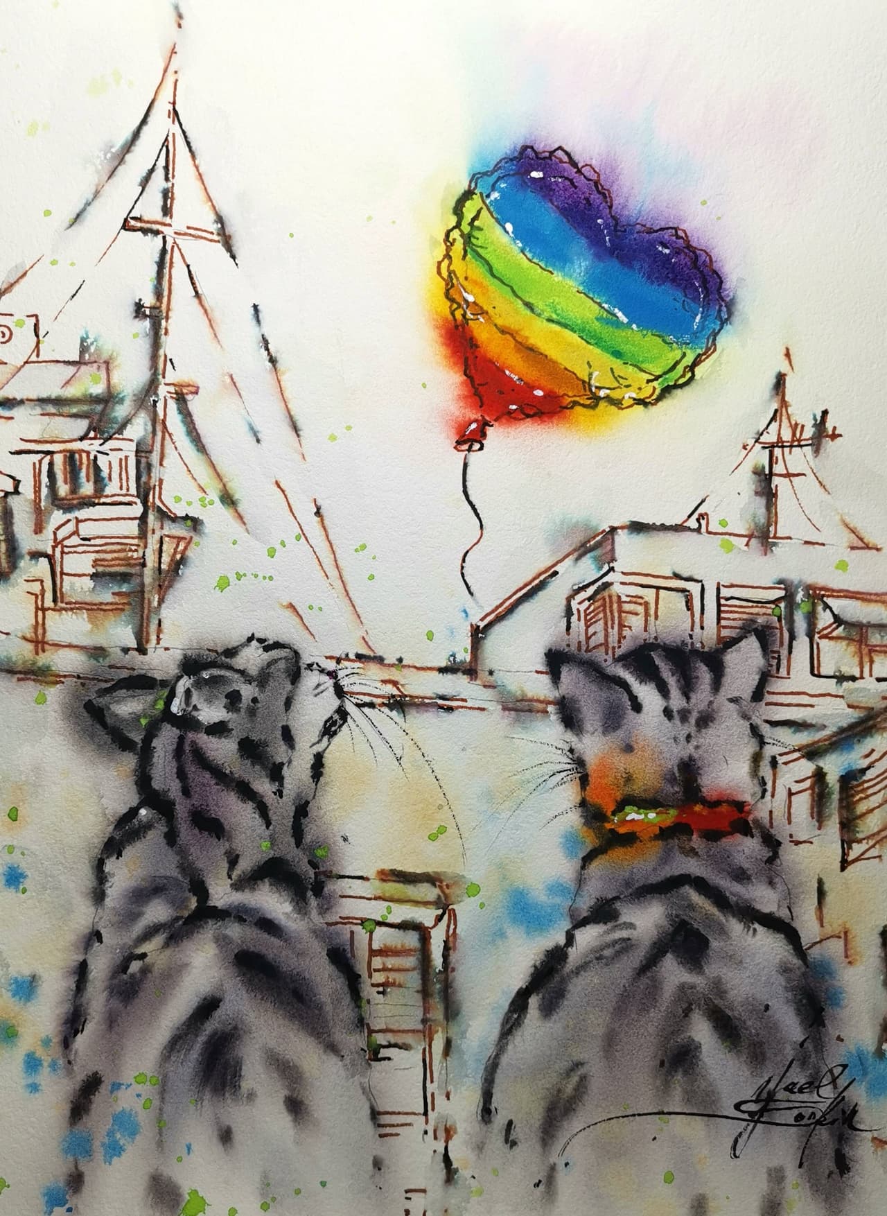 Original Watercolor Cats and Rainbow Heart Ballon Painting - Urban Sketch Wall Art — image 1