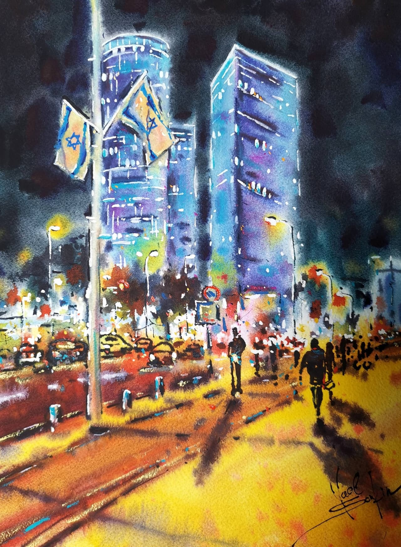 Tel Aviv City Artwork Original Painting Israel Cityscape Night City Painting — image 2