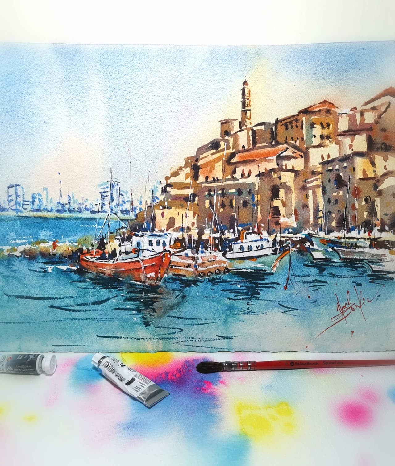 Tel Aviv Jaffa Artwork Original Watercolor Israel Architecture — image 2