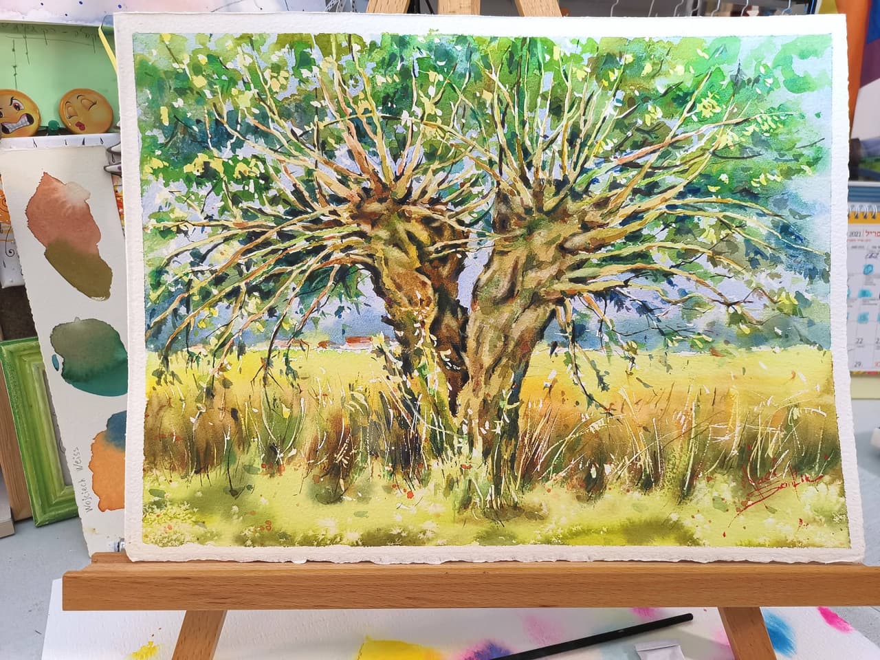 Original Watercolor Provence Twin Tree Painting - French Countryside Landscape Wall Art — image 1