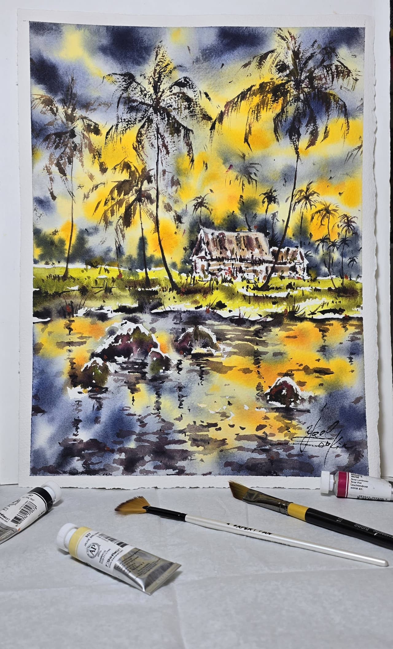 Original Watercolor Thailand Village Painting - Tropical Sunset Landscape Wall Art — image 1