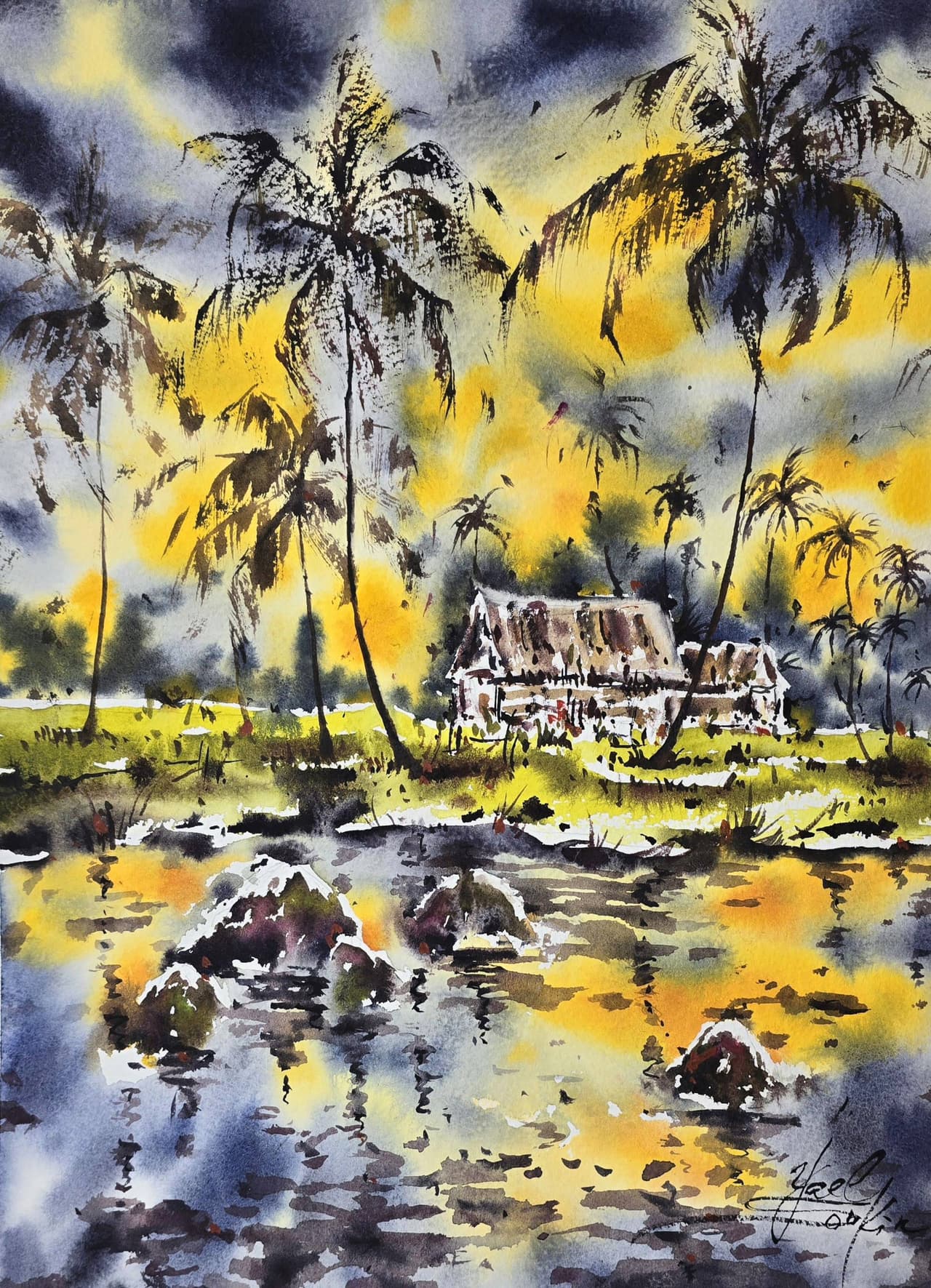 original watercolor painting thailand village, tropical sunset landscape, palm trees, traditional houses, wall art by yael natali
