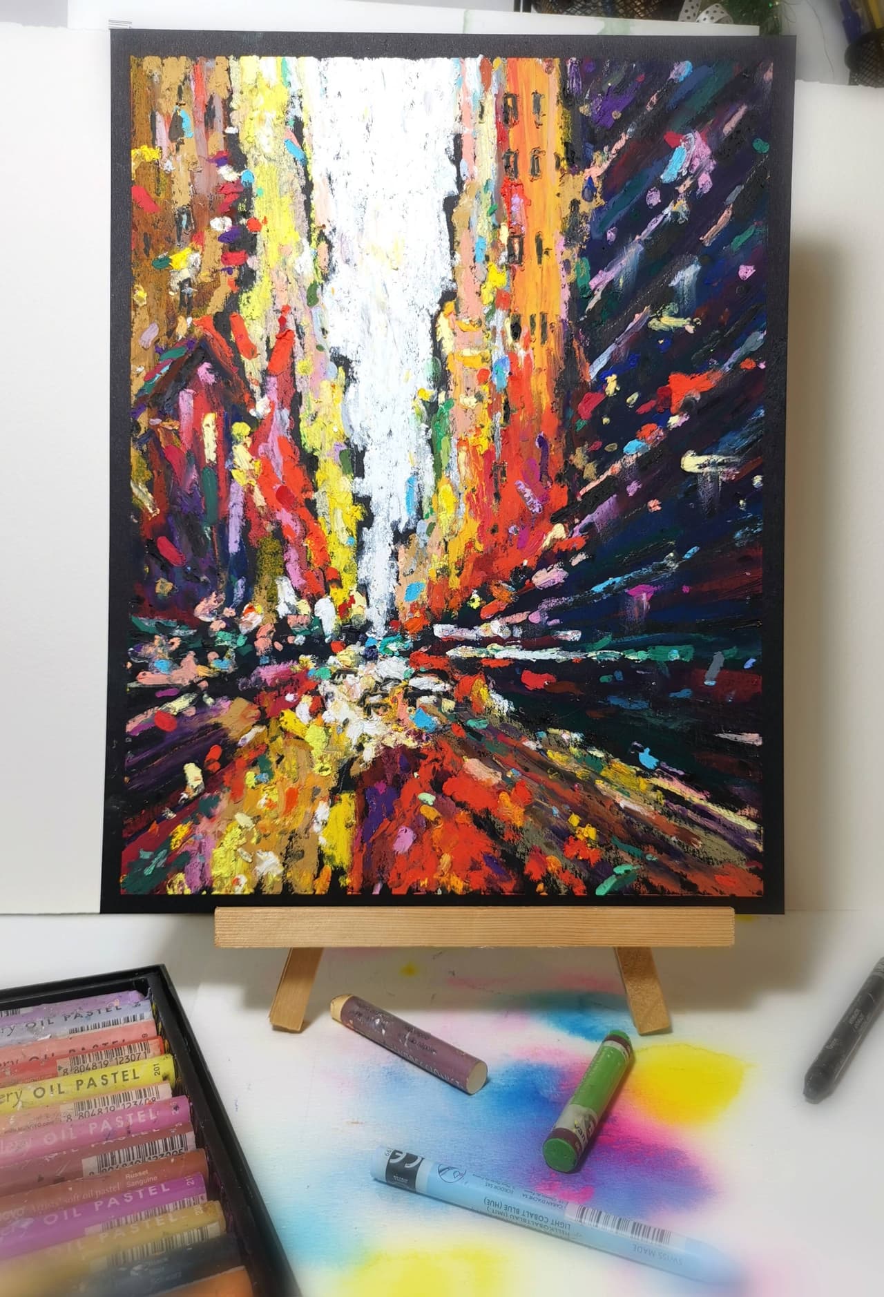 The Big Apple Lights - Original Oil Pastel Abstract New York City Painting — image 1