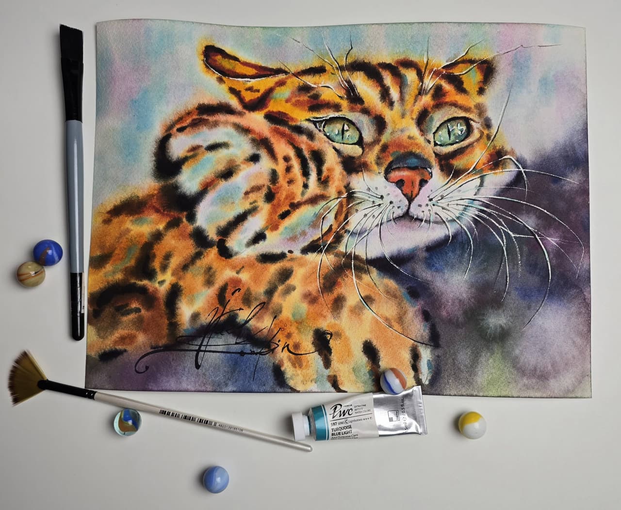 Bengal Cat Watercolor Painting - Original Orange Cat Wall Art, Hand-Painted Animal Portrait — image 2