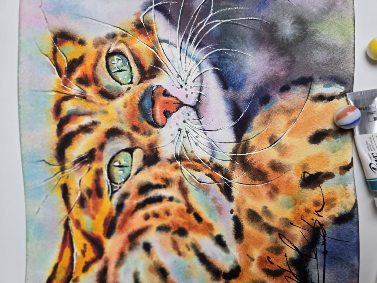 Bengal Cat Watercolor Painting - Original Orange Cat Wall Art, Hand-Painted Animal Portrait — image 3