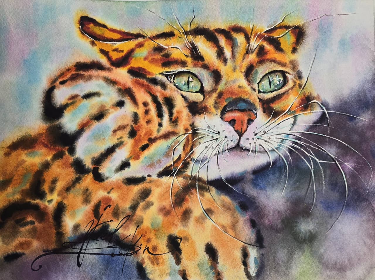 Bengal Cat Watercolor Painting - Original Orange Cat Wall Art, Hand-Painted Animal Portrait — image 1