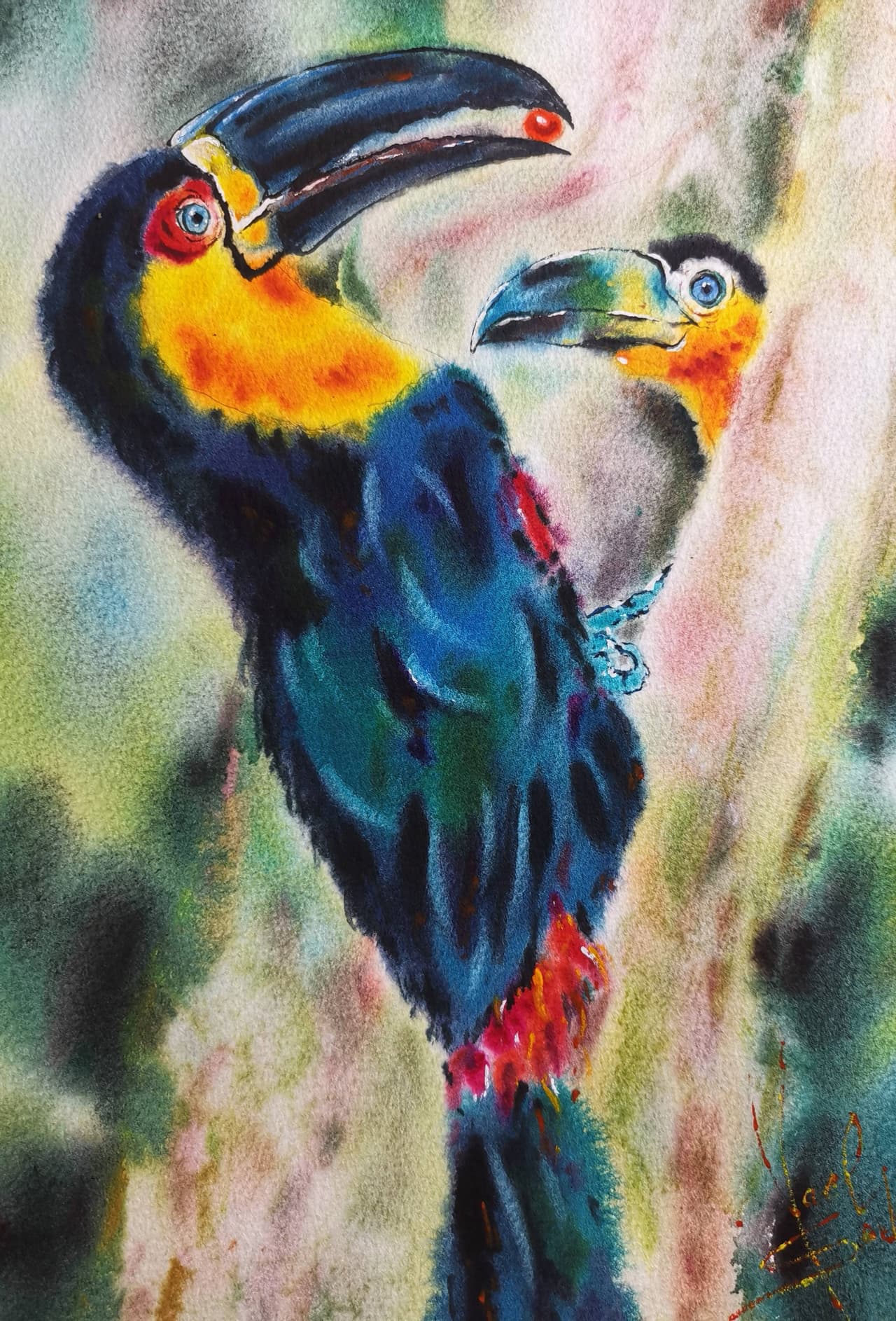 Original Watercolor Toucans Painting - Tropical Wildlife Wall Art — image 1