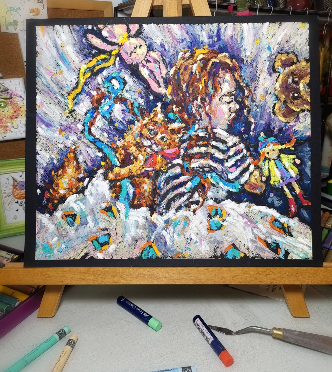 Original Oil Pastel Painting - Childhood Dreams with Toys — image 1