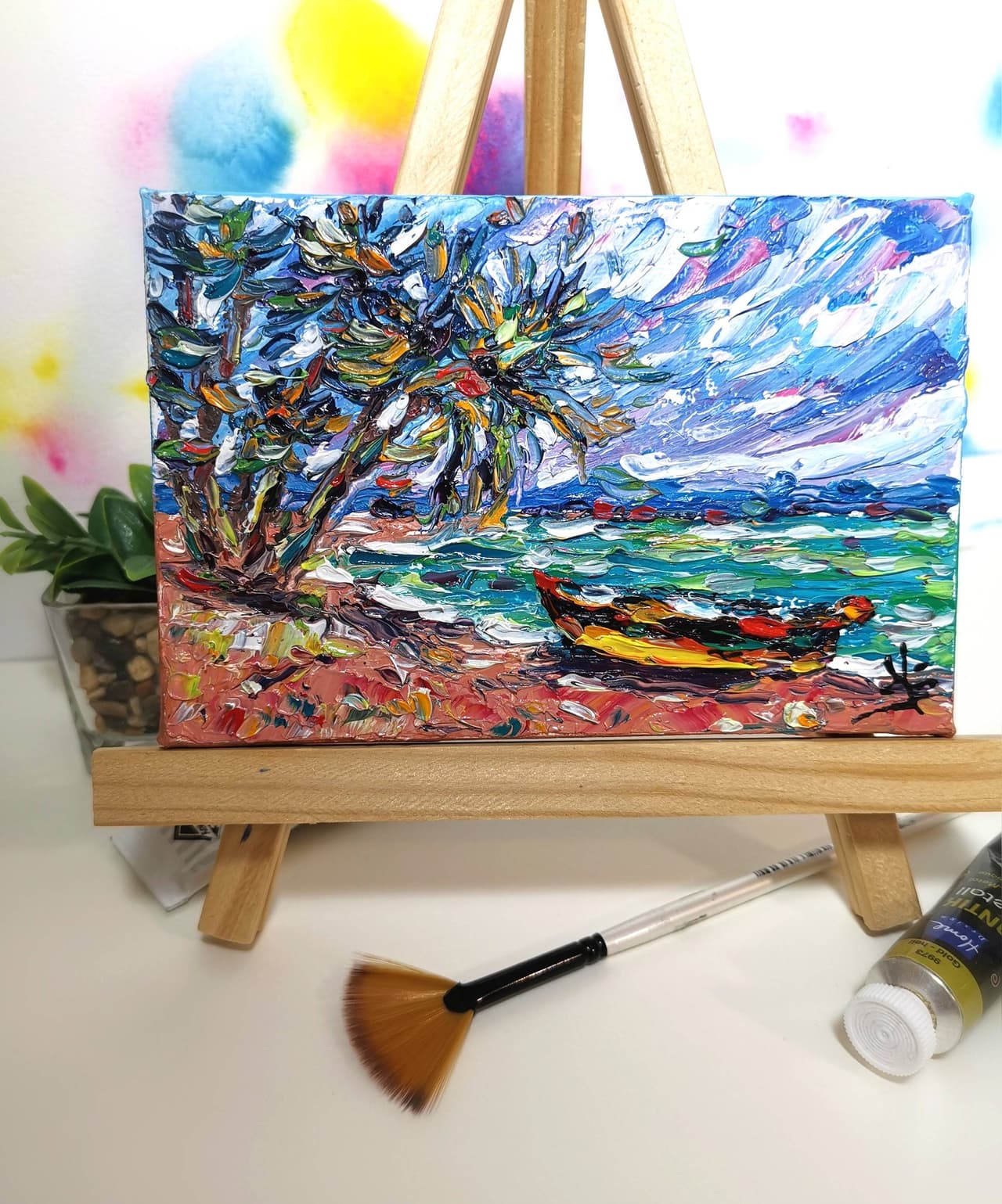 Tropical Beach Artwork Original Impasto Oil Painting  — image 4