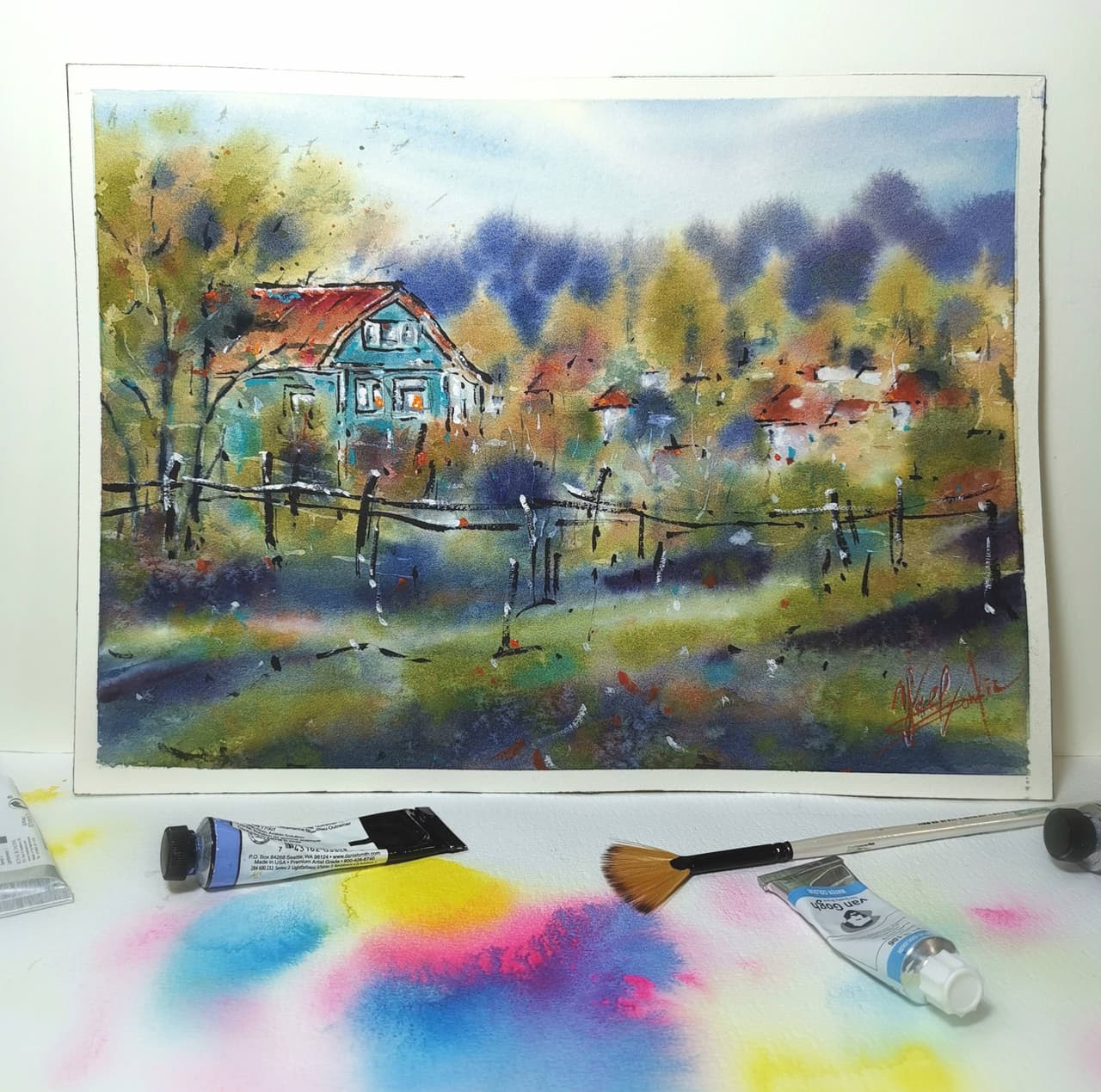 Original Watercolor Autumn Landscape in Countryside Painting - Rustic Village Wall Art — image 1
