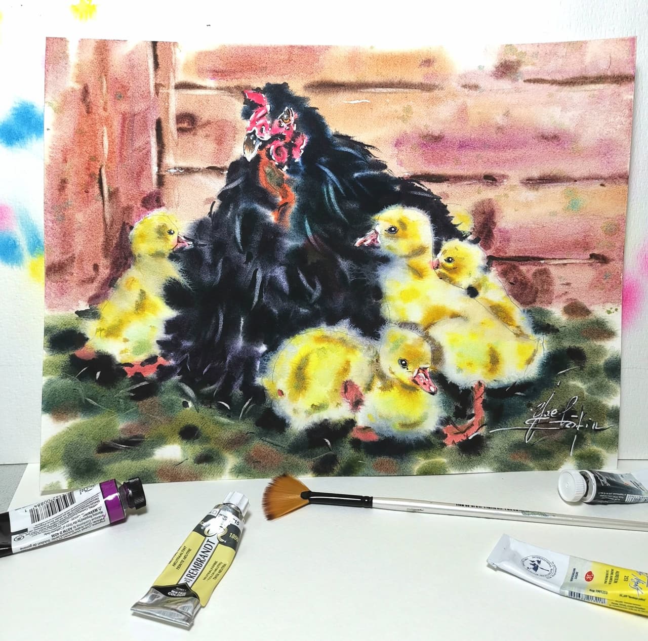 Original Watercolor Hen with Chicks Painting - Rustic Countryside Scene Wall Art — image 1