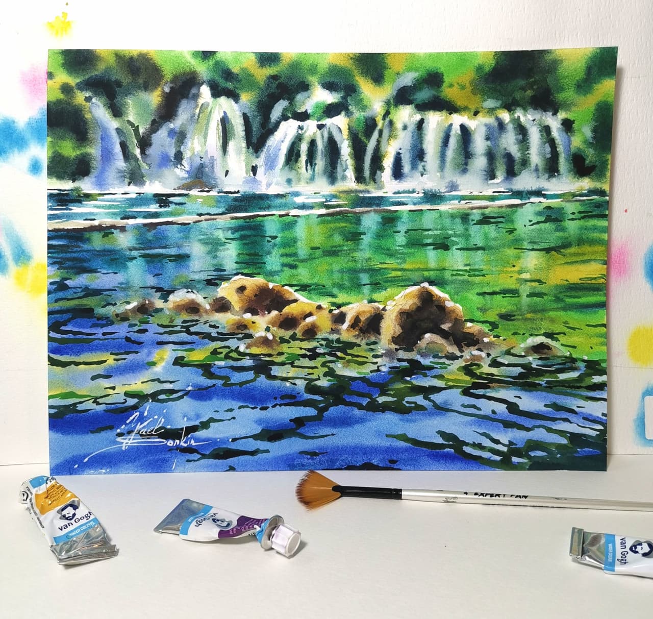 Original Watercolor KrKa Waterfalls in Croatia Painting - Landscape Wall Art — image 1