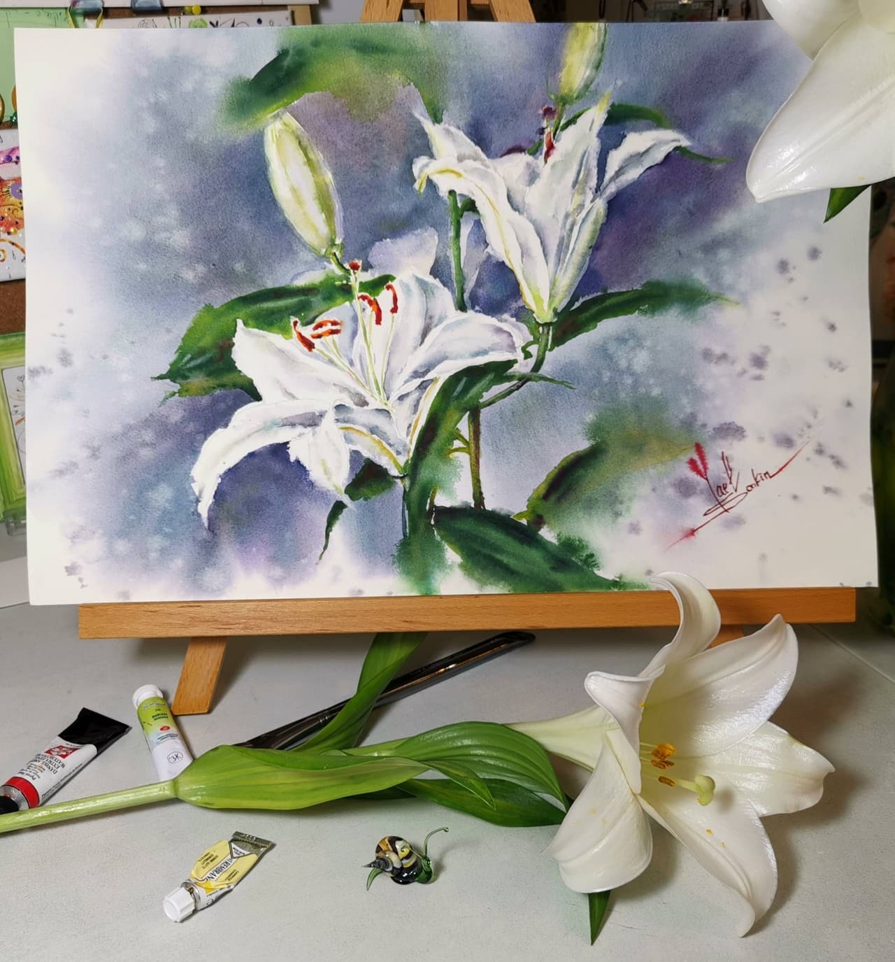 Original Watercolor White Lily Painting - Floral Wall Art - Botanical Wall Decor — image 1